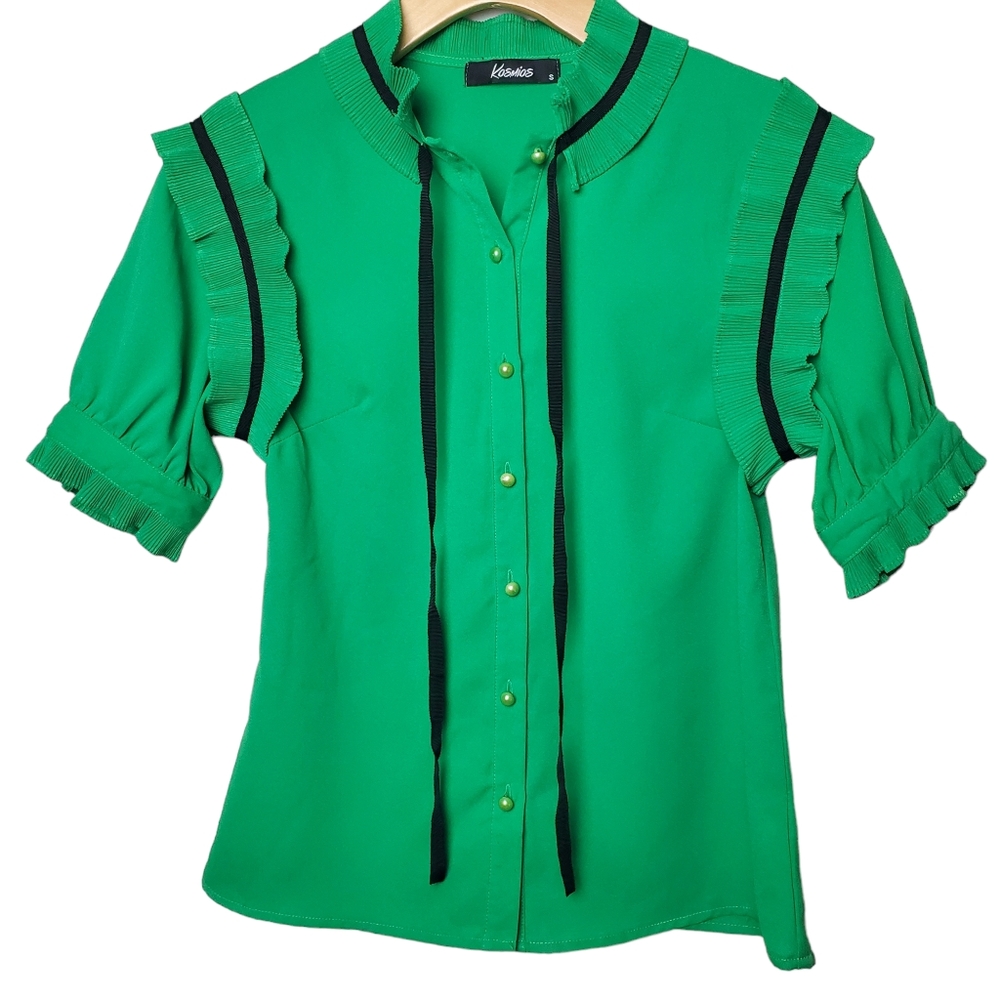 Kosmios | Ruffle Button Down Blouse | Green Black | S